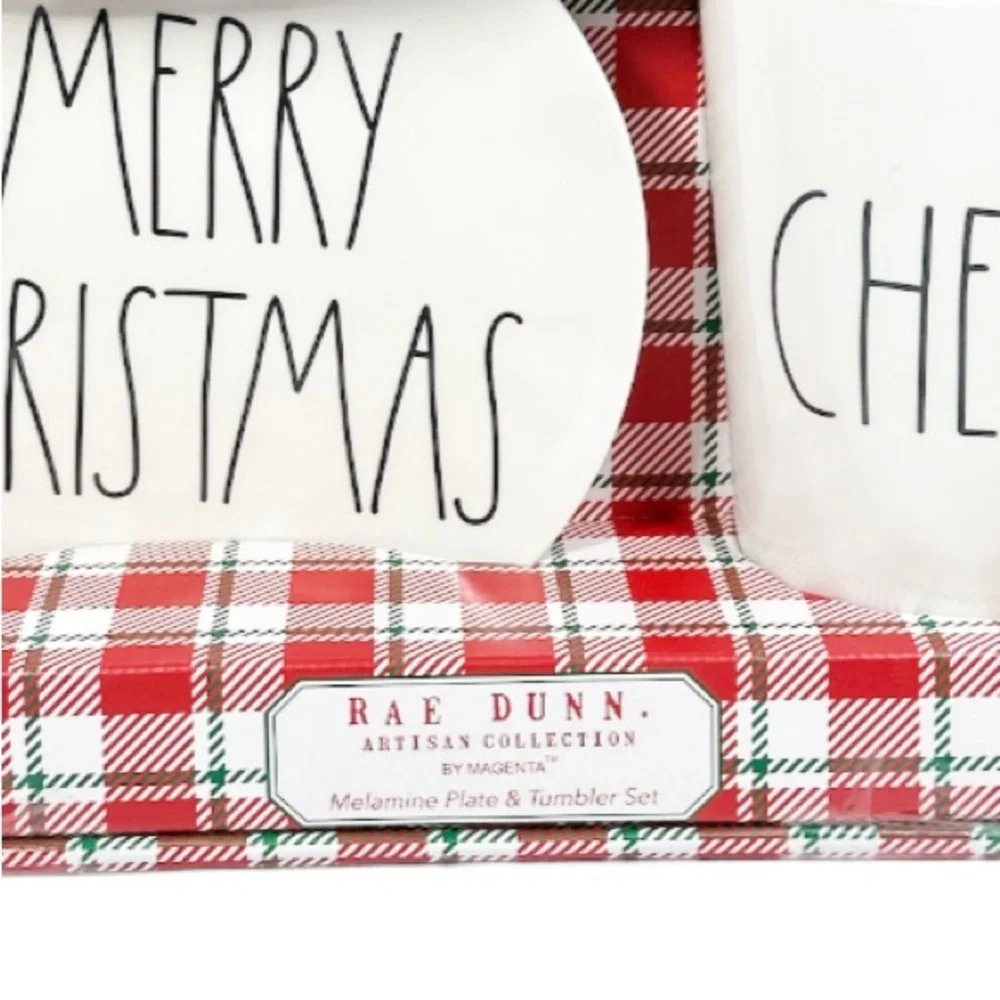 NEW Rae Dunn MERRY CHRISTMAS/CHEER Melamine Plate & Tumbler Set